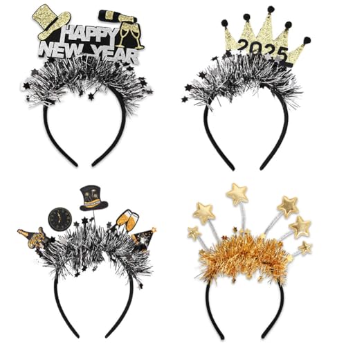 Dusenly 4 Stück 2025 Silvester Party Stirnbänder Happy New Year Stirnband Tiara 2025 Haarreifen Kopfschmuck Haarschmuck für Kinder und Erwachsene von Dusenly