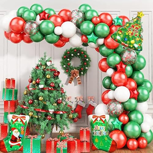 Dusenly 96 Stück Weihnachtsballons Girlande Bogen Kit Rot Grün Weiß Luftballons Weihnachtssocken Weihnachtsbaum Stern Folienballons für Weihnachten Party Dekorationen von Dusenly