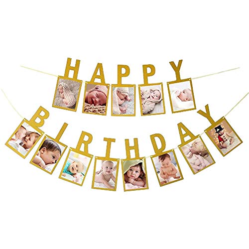 Dusenly Alles Gute zum Geburtstag Fotobanner Golden Glitter Papier Fotorahmen Girlande für Babyparty und Geburtstagsfeier Dekoration von Dusenly