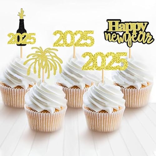 Dusenly Cupcake-Aufsätze für 2025, Neujahrs-Motiv, goldfarben, glitzernd, Prost bis 2025, Cupcake-Picks, Kuchendekorationen für 2025 Happy New Years, Partyzubehör, 36 Stück von Dusenly