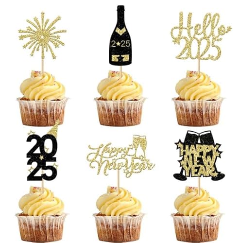 Dusenly Cupcake-Topper "Happy New Year", goldfarben, glitzernd, für 2025 Happy New Years, Party-Dekoration, 24 Stück von Dusenly