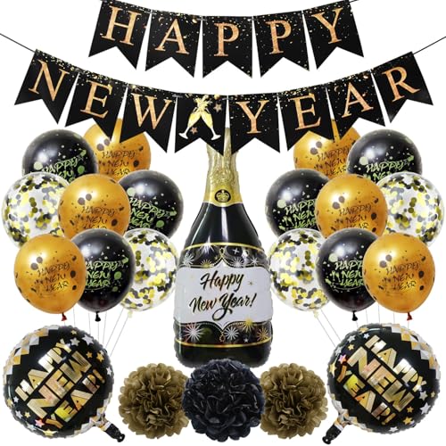 Dusenly Schwarz-goldenes 2025 Happy New Year Banner Ballon Folienballons Tissue Pom Poms Set für 2025 Silvester Party Dekorationen Supplies von Dusenly