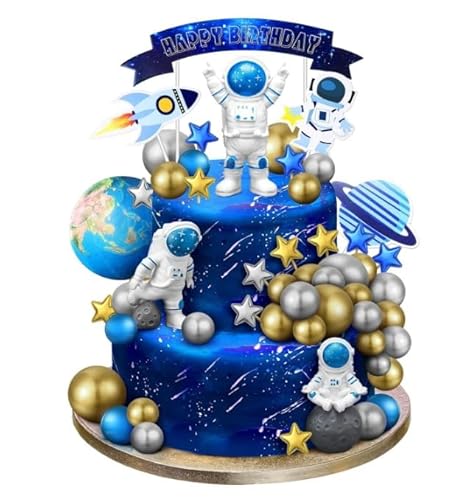 Dusenly Space Cake Topper Astronaut Figur Geburtstag Weltraum Kuchen Topper für Happy Birthday Party Baby Shower Kuchen Dekorationen von Dusenly