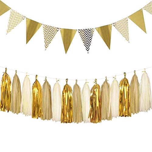 Dusenly Vintage Dreieck Fahnen Gold Glitter Wimpel Bunting Banner und Seidenpapier Quasten Girlande Set für Hochzeit, Brautdusche und Geburtstagsfeier Dekorationen Lieferungen (Gold) von Dusenly