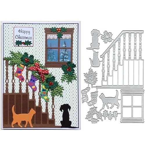 Fenstertreppe Hund Katze Metall Stanzformen Schablonen, DIY Scrapbooking Karten dekorative Prägepapier Stanzformen für Album Karten Scrapbooking Herstellung von DuuFounG