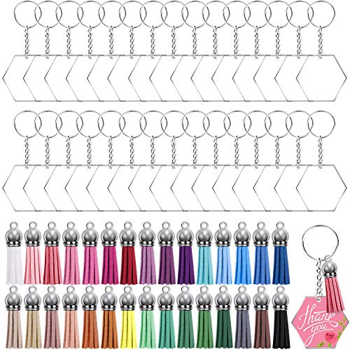 Duufin 120 Stück Acryl Schlüsselanhänger Set mit Acryl Rohlinge Quasten Anhänger Leder Schlüsselringe und Biegeringe für DIY Schlüsselbund Basteln von Duufin