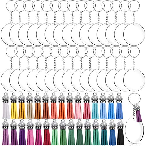 Duufin 120 Stück Acryl Transparent Kreis Schlüsselbund Set mit Acryl Schlüsselanhänger Rohlinge, Schlüsselringe, Biegeringe und Quasten Anhänger Leder für DIY Schlüsselbund Basteln von Duufin