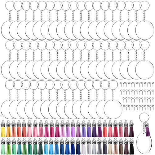 Duufin 250 Stück Acryl Transparent Kreis Quasten Anhänger Set mit Schlüsselringe, Biegeringe, Schlüsselbund mit Kette, Schraubenösen und Leder Quaste für DIY Schlüsselbund Basteln von Duufin