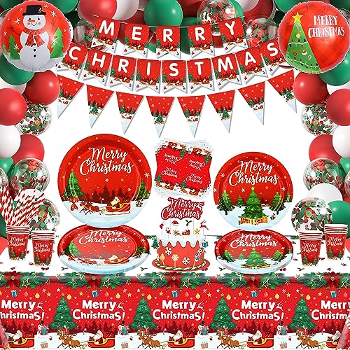 150 Pack Weihnachten Party Supplies Weihnachten Geschirr Set - Pappteller, Banner, Servietten, Tassen Tischdecke, Luftballons für Xmas Themed Party Dekorationen Serve 20 (Xmas-1) von Dvaorc