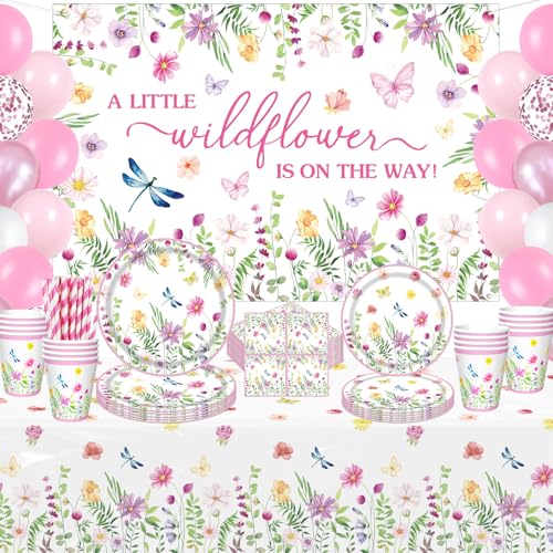 157 Packung Frühling Wildflower Party Dekorationen Blumengeschirr Teller Ballons Kulisse Set Wildflower Geschirr Party Gunst für Geburtstag Baby Dusche Braut Dusche Garten Tee Party serviert 20 von Dvaorc