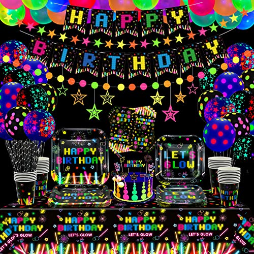 181 PCS Glow Neon Partyzubehör Neon Glow Geschirr Set Neon Ballon Glow in The Dark Geburtstagsbanner Hanging Swirl Cake Toppers für Blacklight Party Dekoration Für 20 von Dvaorc