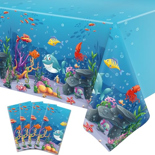 4 Stück Unter dem Meer Tischdecken Ozean Wellen Unterwasser-Tischdecke Ozean Tiere Tischtuch Ozean Tier Sommer Strand Pool Geburtstag Party Supplies 51 x 86 Zoll von Dvaorc