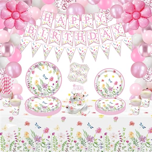 169 Pack Frühling Wildblumen Party Dekorationen Blumengeschirr Teller Luftballons Dekorationen Wildblumen Geschirr Party Gunst für Geburtstag Baby Dusche Braut Dusche Garten Tee Party serviert 20 von Dvaorc