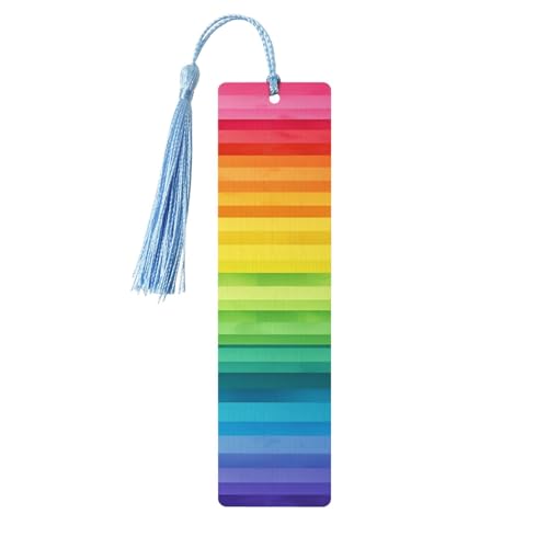 Bunte Regenbogen-Streifen-Lesezeichen aus Holz für Buchliebhaber, Lesezeichen mit Quasten, Holzhandwerk, Geschenkanhänger, Etiketten, rechteckiges Lesezeichen, Ornamente, ungewöhnliches Geschenk für von Dwrepo