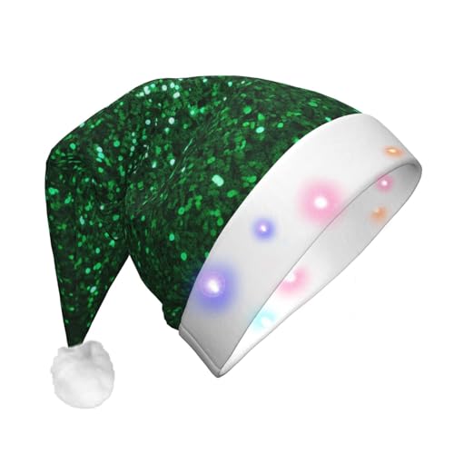 Dwrepo Glitzernde Weihnachtsmütze mit grünen Pailletten, mit LED-Lichtern, für Erwachsene, Weihnachtsmannmütze für Damen und Herren, Plüsch-Weihnachtsmütze für Partyzubehör von Dwrepo