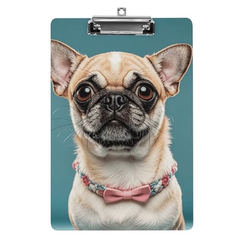 Niedliches Chihuahua-Mops-Klemmbrett, dekoratives A4-Klemmbrett in Briefgröße, mit niedrigem Profil, Menüblöcke, Quittungsclips, Acryl-Klemmbrett für Büro, Restaurant, Café, Hotel, 32,5 x 21,6 cm von Dwrepo