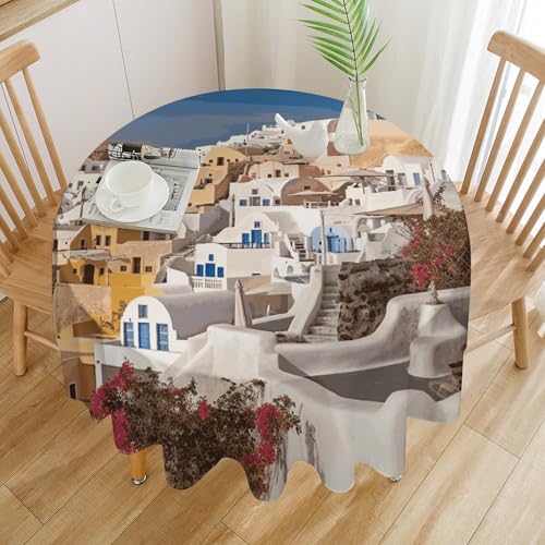 Santorini Town Tischdecke, wasserdicht, knitterfrei, runde Tischdecke, 127 x 127 cm, waschbar, Tischdecke für drinnen und draußen, Küche, Esszimmer, Urlaub, dekorativ, 152,4 cm von Dwrepo
