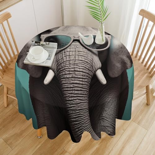 Tischdecke mit Elefant mit Brille, wasserdicht, knitterfrei, rund, 91,4 x 91,4 cm, waschbar, Tischdecke für drinnen und draußen, Küche, Esszimmer, Urlaub, dekorativ, 152,4 cm von Dwrepo