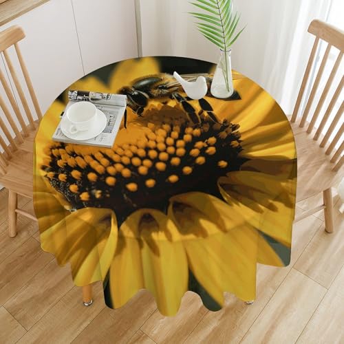 Tischdecke mit gelber Blume mit schwarzer Biene, wasserdicht, knitterfrei, runde Tischdecke, 127 x 127 cm, waschbar, Tischdecke für drinnen und draußen, Küche, Esszimmer, Urlaub, dekorativ, 152,4 cm von Dwrepo