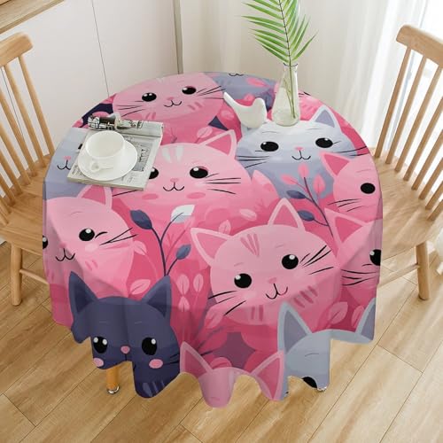 Tischdecke mit pinker Katze, wasserdicht, knitterfrei, rund, 127 x 127 cm, waschbar, Tischdecke für drinnen und draußen, Küche, Esszimmer, Urlaub, dekorativ, 152,4 cm von Dwrepo