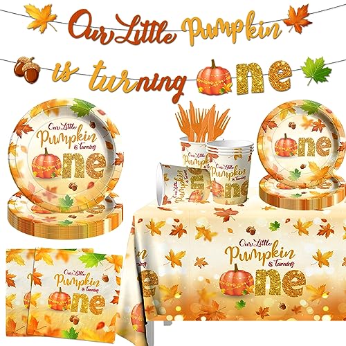 Dydamud Our Little Pumpkin is Turning One Decorations,143Pcs Little Pumpkin 1st Birthday Tableware Maple Leaf Fall Baby Shower Plates and Napkins for Thanksgiving Pumpkin First Birthday Supplies von Dydamud