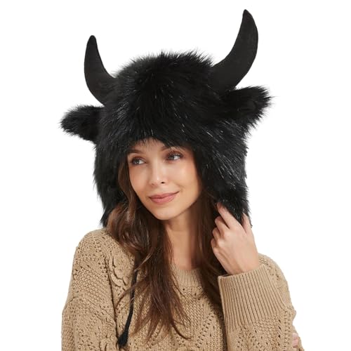 Dyeulget Bisonhut,Plüsch-Ohrenklappenmütze mit Hörnern | Tierhüte, flauschige Ohrbedeckung, pelzige Mütze für Männer und Frauen für Tier-Cosplay, Halloween, Weihnachten, Outdoor-Abenteuer von Dyeulget