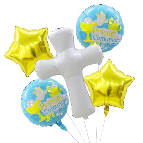 Dyeulget Luftballons zur Taufe, Erstkommunion-Luftballons,Aluminiumfolie Taufballons Taubenballons 5er Set | Niedliche Kommunion-Party-Dekorationen, Partyzubehör für die Heilige Kommunion von Dyeulget