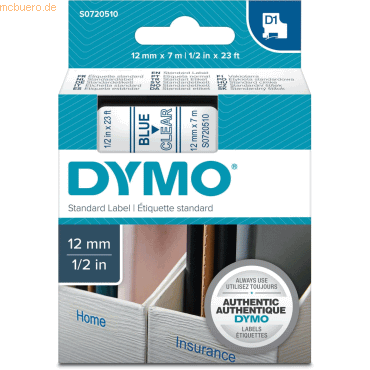 Dymo Etikettenband Dymo D1 12mm/7m blau/transparent von Dymo