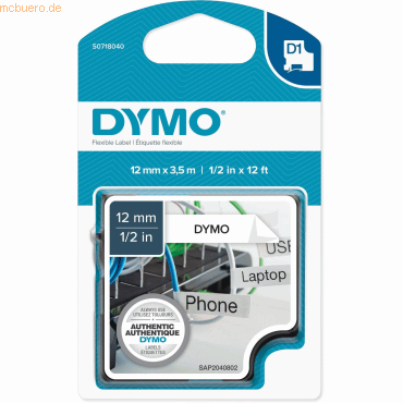 Dymo Schriftbandkassette D1 Nylon flexibel 3,5mx12mm schwarz/weiß von Dymo