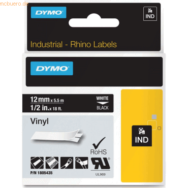 Dymo Schriftbandkassette Vinylband PVC 5,5mx12mm weiß/schwarz von Dymo