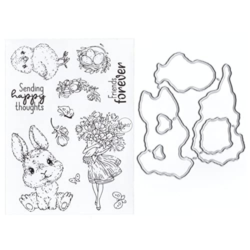 DzIxY Blumenstrauß Kaninchen transparente Stempel und Metall-Stanzformen-Sets für Kartenherstellung, Scrapbooking, Papierbedarf, Dichtungen, Aufbewahrungstaschen von DzIxY