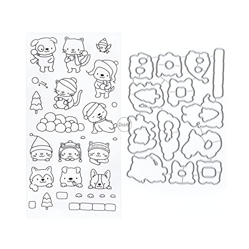 DzIxY Fox Cat transparente Stempel und Metall-Stanzformen-Sets für Kartenherstellung, Scrapbooking, Papierbedarf, Silikon-Dichtungen, Aufbewahrungstaschen von DzIxY