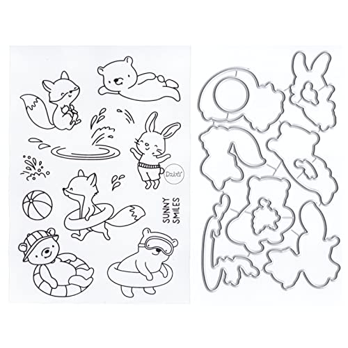 DzIxY Fox Rabbit transparente Stempel und Metall-Stanzformen Sets für Kartenherstellung, Scrapbooking, Papierbedarf, Dichtungen, Aufbewahrungstaschen von DzIxY