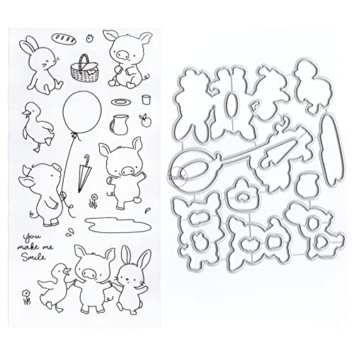 DzIxY Schweine, Kaninchen, Ballon, transparente Stempel und Metall-Stanzformen, Sets für Kartenherstellung, Scrapbooking, Papierbedarf, Dichtungen, Aufbewahrungstaschen von DzIxY