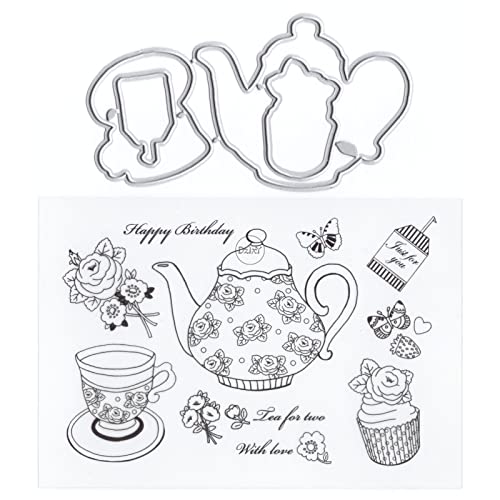 DzIxY Teetassen-Teekanne, transparente Stempel und Metall-Stanzformen-Sets für Kartenherstellung, Scrapbooking, Papierbedarf, Dichtungen, Aufbewahrungstaschen von DzIxY