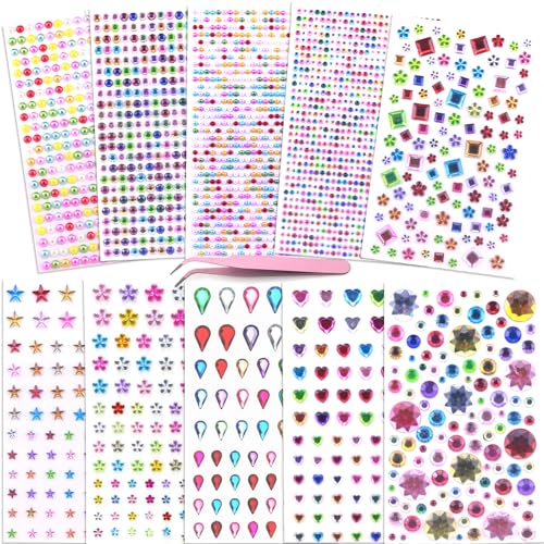 3000 Stück Glitzersteine Selbstklebend Acryl Bunt Selbstklebende Schmucksteine Verschiedene Formen Klebesteine Schmucksteine für DIY Handwerke, Nägel Deko (10 Blätter,bringen Rosa Pinzette) von Dzsomt