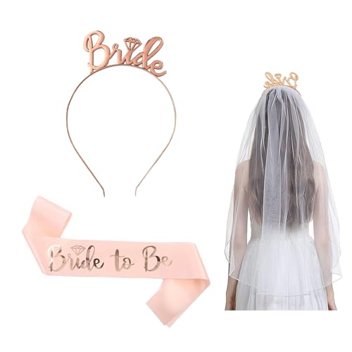 Dzsomt Junggesellinnenabschied Deko Set 2 Stück Bride to be Accessoires Dekoration mit Krone Stirnband Tiara Braut Schärpe Roségold Schärpe für Hochzeit Junggesellinnenabschied Hen Party von Dzsomt