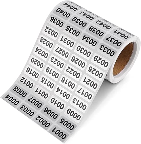 Dzxin Zahlenaufkleber, 0001 bis 2000 aufeinanderfolgende Zahlenetiketten-Aufkleber, wasserdicht, Inventarnummern-Aufkleber für Inventar-Lagerung, Klassifizierung (0,39 x 0,78 Zoll) von Dzxin