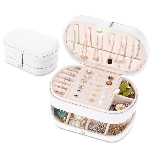 E-MANIS Kleine Schmuckkästchen,Reise Schmuckschatulle für Damen Mädchen,Reiseschmuckaufbewahrung Super Praktische Schmuckbox,Reise Schmucketui für Ringe,Halskette,Ohrringe,Armbänder,Geschenk (Weiß) von E-MANIS