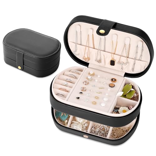 E-MANIS Kleine Schmuckkästchen,Reise Schmuckschatulle für Damen Mädchen,Reiseschmuckaufbewahrung Super Praktische Schmuckbox,Reise Schmucketui für Ringe,Halskette,Ohrringe,Armbänder,Geschenk (Schwarz) von E-MANIS