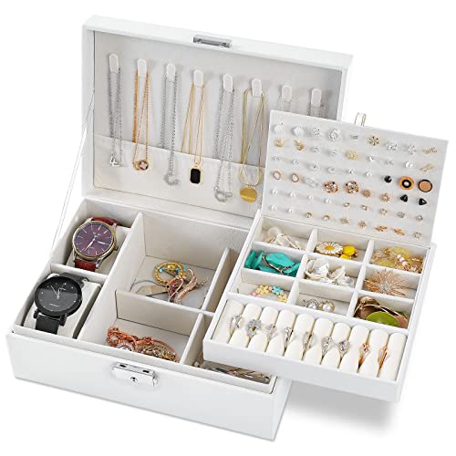 E-MANIS Schmuckkästchen, Schmuckkästchen für Damen und Mädchen, 2 Ebenen, Schmuck-Organizer-Box, PU-Leder, Reise-Schmuckschatulle mit Schloss, Schmuck-Aufbewahrungsbox, herausnehmbares Tablett für von E-MANIS