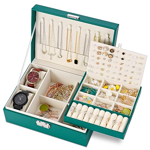 E-MANIS Schmuckkästchen, Schmuckkästchen für Damen und Mädchen, 2 Ebenen, Schmuck-Organizer-Box, PU-Leder, Reise-Schmuckschatulle mit Schloss, Schmuck-Aufbewahrungsbox, herausnehmbares Tablett für von E-MANIS