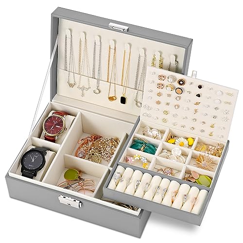 E-MANIS Schmuckschatulle, Schmuckkästchen für Damen und Mädchen, 2 Ebenen, Schmuck-Organizer, Box, PU-Leder, Reise-Schmuckkoffer mit Schloss, Schmuck-Aufbewahrungsbox, herausnehmbares Tablett für von E-MANIS