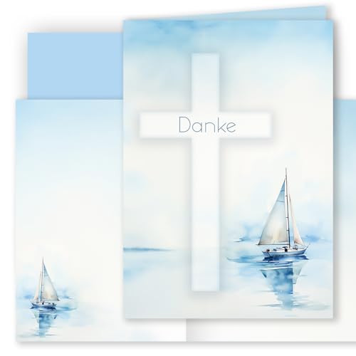 10 Danksagungskarten mit Umschlag Danke Klappkarten Karten stilvoll kreuz Aquarell zart zur Taufe Kommunion Konfirmation Firmung Trauer Segelboot Kreuz Hellblau Blau zum selbst gestalten von E&G Klasse