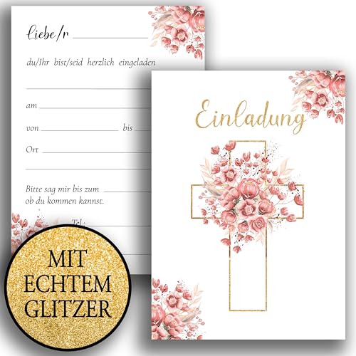 10 Einladungskarten mit Umschlag Einladung Glitzer zweiseitig Karten stilvoll kreuz Aquarell zart zur Taufe Kommunion Konfirmation Firmung Rosen Rosa Weiß Mädchen zum selbst gestalten Glitzer von E&G Klasse