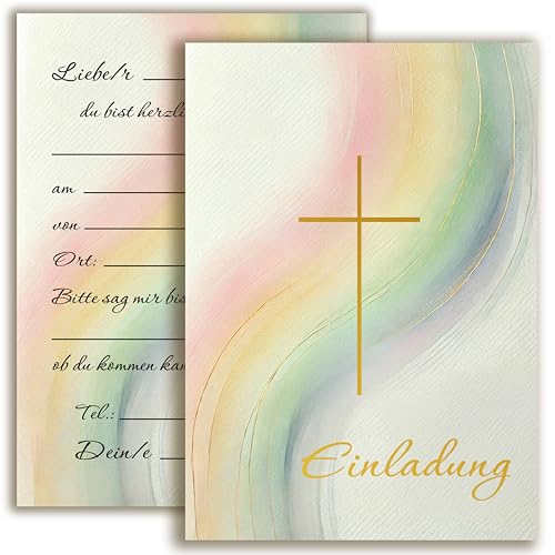 10 Einladungskarten mit Umschlag Einladung Goldprägung zweiseitig Karten stilvoll kreuz Aquarell zart zur Taufe Kommunion Konfirmation Firmung Regenbogen Mädchen zum selbst gestalten Gold von E&G Klasse