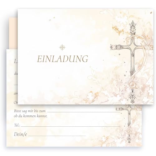 10 Einladungskarten mit Umschlag Einladung Klappkarten Karten stilvoll kreuz simple zart zur Taufe Kommunion Konfirmation Firmung beige Gold Mädchen und Jungen zum selbst gestalten von E&G Klasse