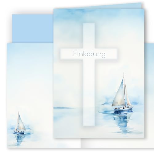 10 Einladungskarten mit Umschlag Einladung Klappkarten Karten stilvoll kreuz und Segelboot Aquarell zart zur Taufe Kommunion Konfirmation Firmung blau Mädchen und Jungen von E&G Klasse