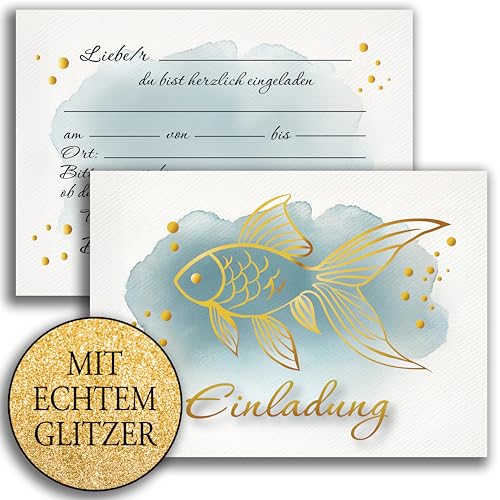 10 Einladungskarten mit Umschlag Glitzer Einladung 2 seitig Karten stilvoller Fisch Aquarell in Blau Gold zart zur Taufe Kommunion Firmung Konfirmation Silber zum selbst ausfüllen von E&G Klasse