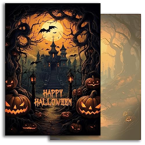 10 Halloween Karten Einladungskarten Einladung Jungen Mädchen Geburtstag Party Erwachsene Motiv Halloweenparty Grusel-Party Horror-Party Set gruselig Kürbisse Elegant Schwarz Orange Schloss von E&G Klasse